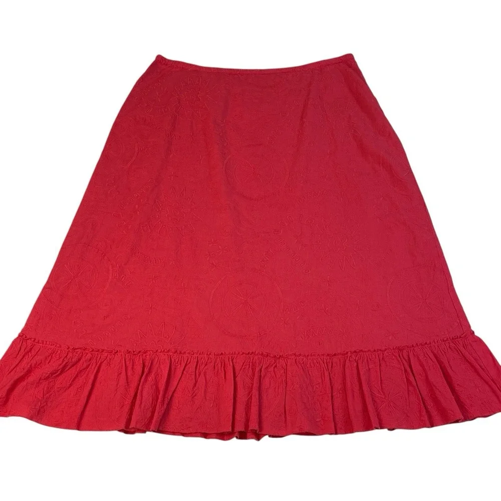 Susan Bristol Red/Pink Embroidered Cotton Skirt L‎ Ruffle Hem Boho Cottagecore